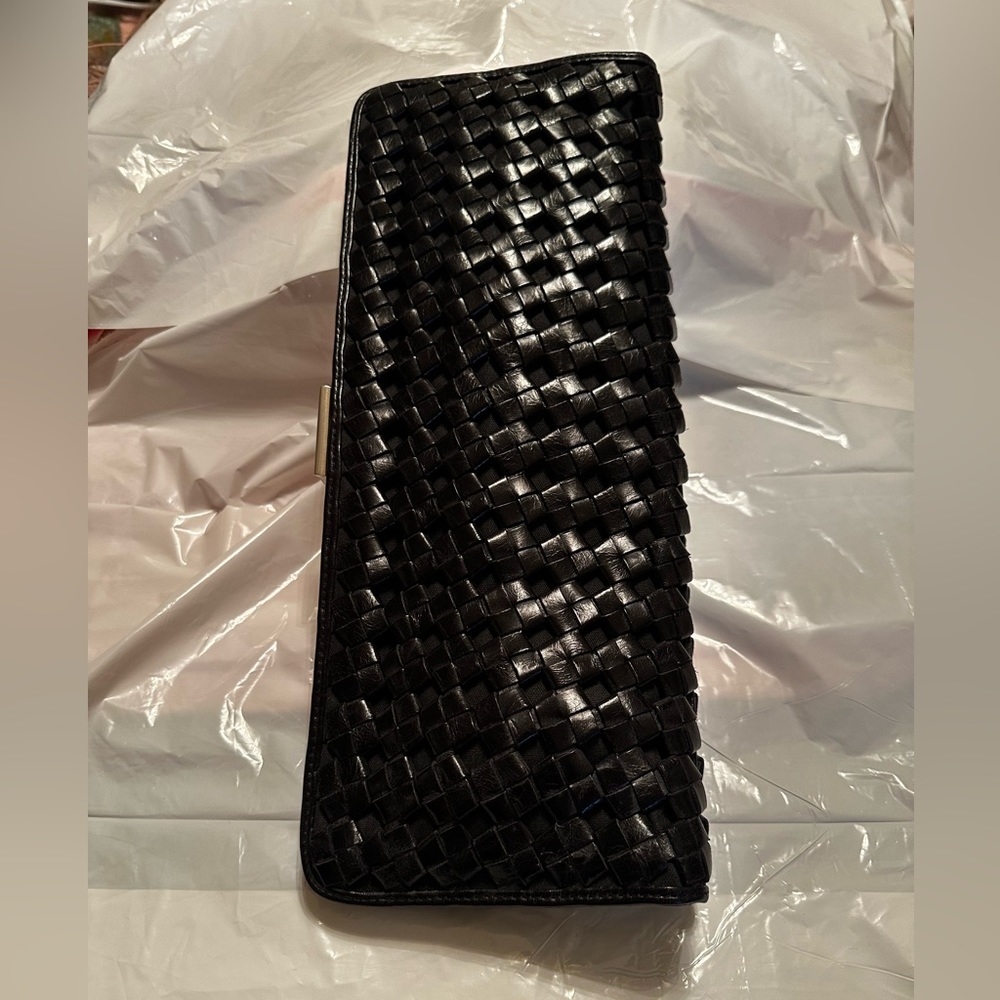 Black Woven Rectangular Shape Leather Handbag W/C… - image 3